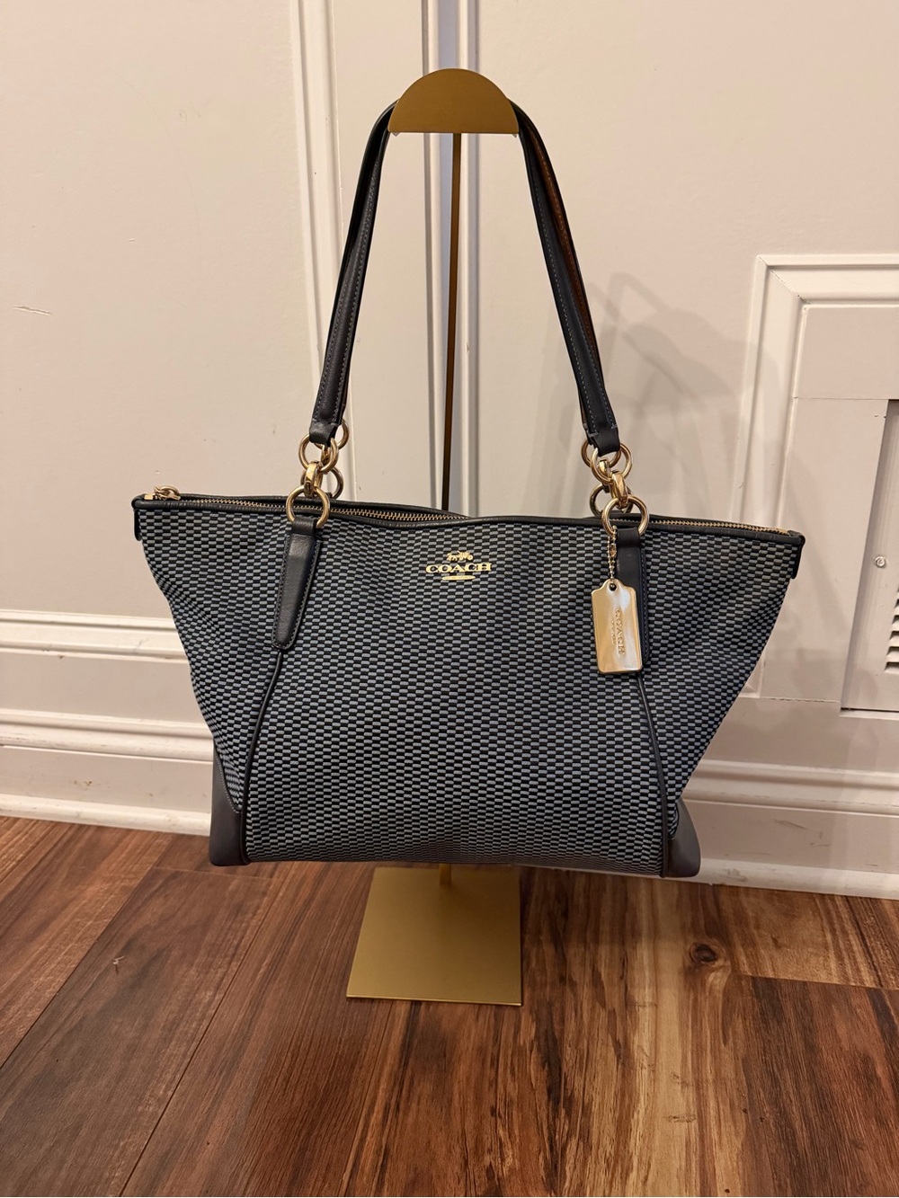 Coach Black and White Signature Woven Tote with Gold Hardware